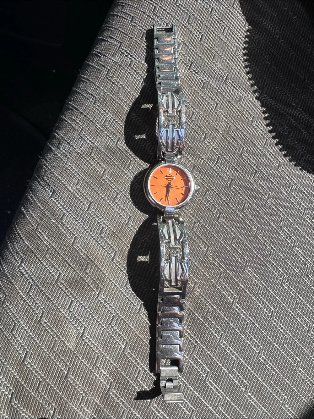 Harley-Davidson Silver Bracelet Watch with Bright Orange Dial
